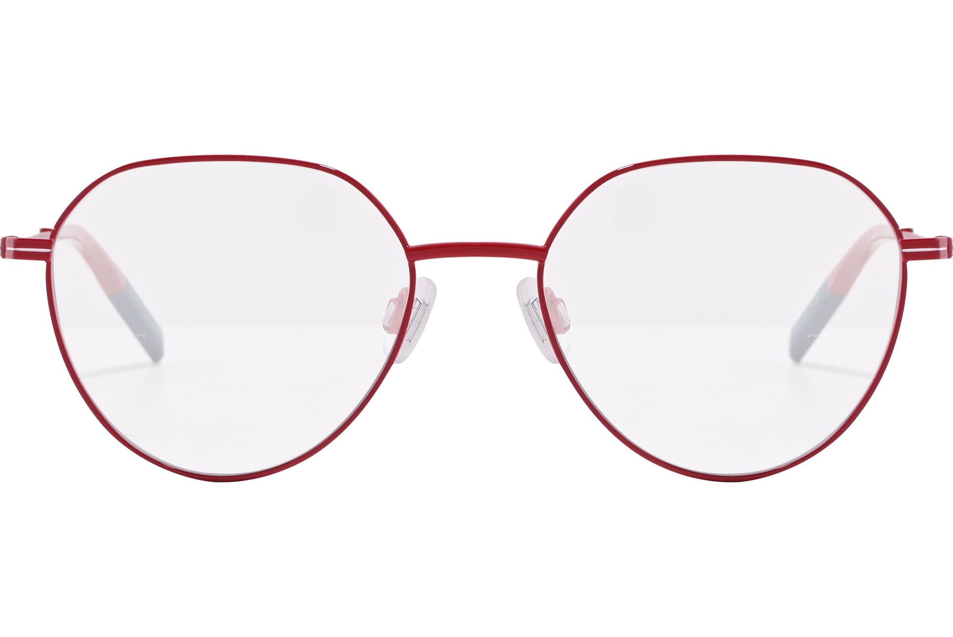 tommy hilfiger oval red eyeglasses frame viewed from front angle.