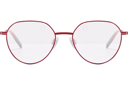 tommy hilfiger oval red eyeglasses frame viewed from front angle.