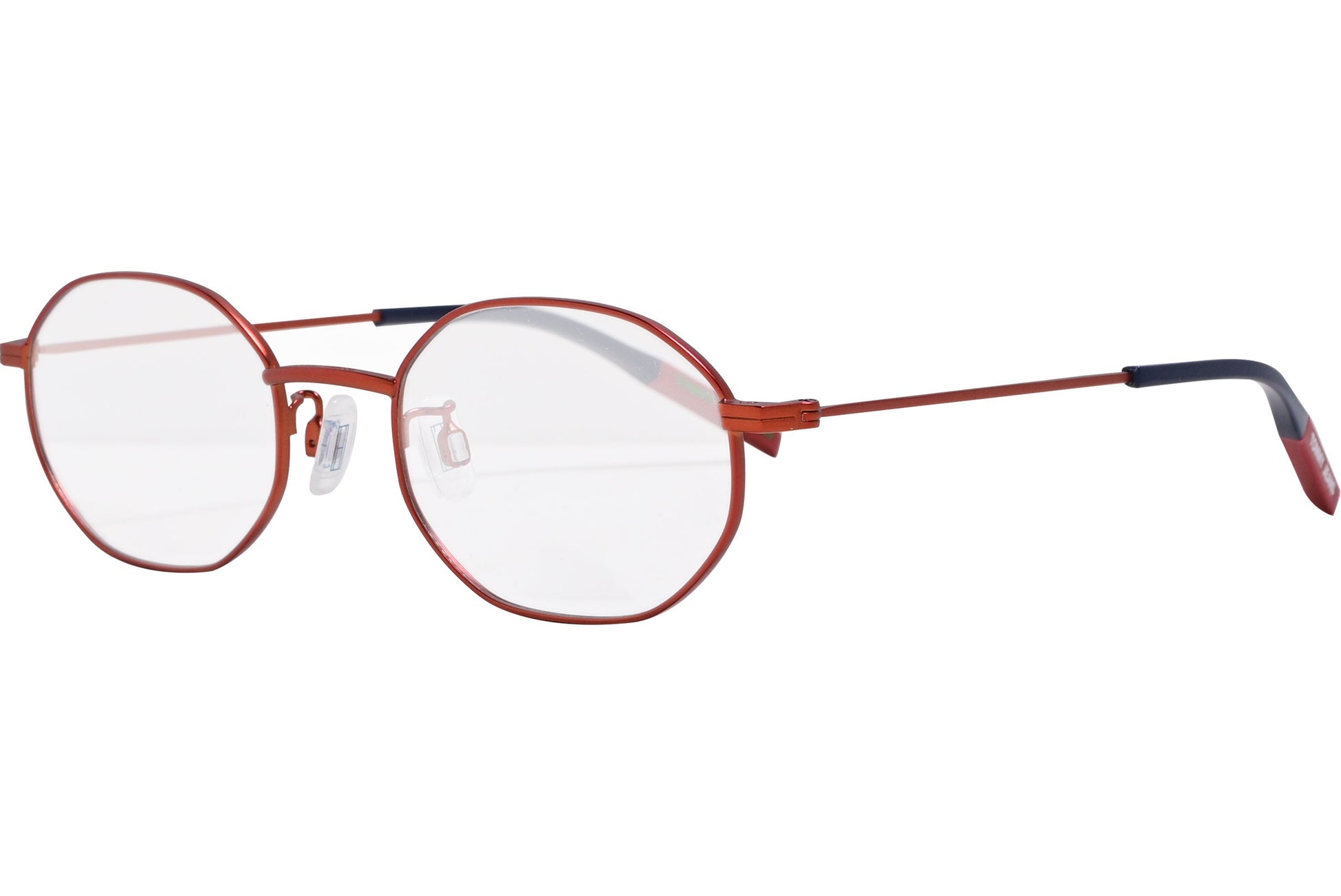 tommy hilfiger hexagonal red eyeglasses frame viewed from a 45-degree angle.