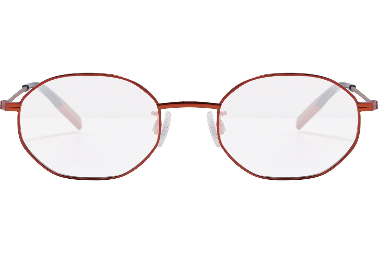 tommy hilfiger hexagonal red eyeglasses frame viewed from front angle.