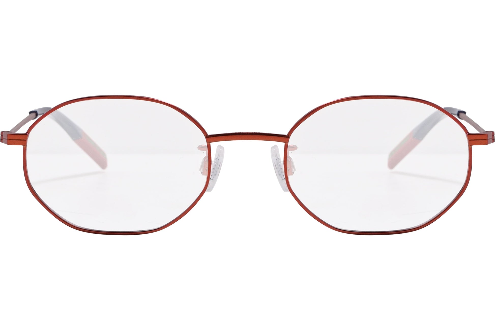 tommy hilfiger hexagonal red eyeglasses frame viewed from front angle.