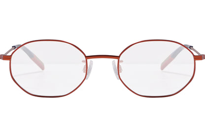 tommy hilfiger hexagonal red eyeglasses frame viewed from front angle.