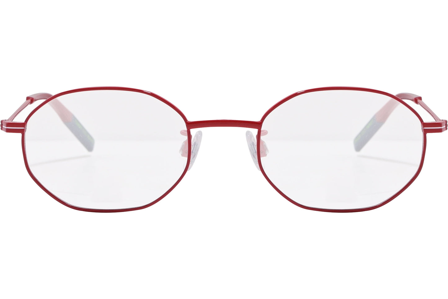 tommy hilfiger hexagonal red eyeglasses frame viewed from front angle.