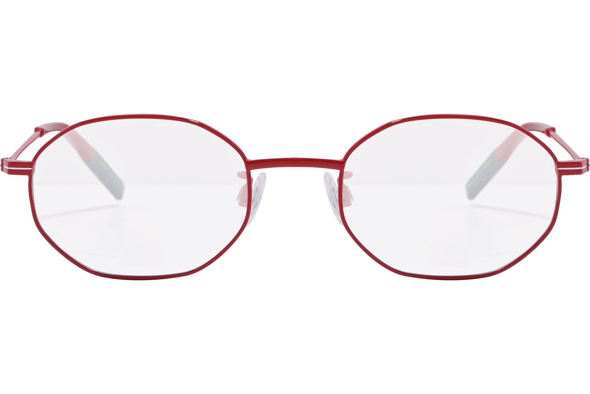 tommy hilfiger hexagonal red eyeglasses frame viewed from front angle.