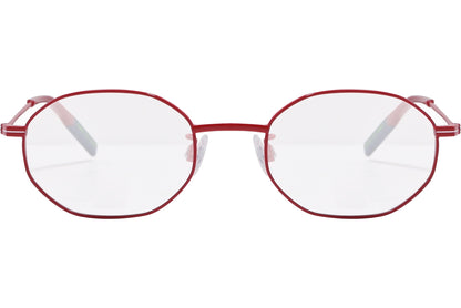 tommy hilfiger hexagonal red eyeglasses frame viewed from front angle.