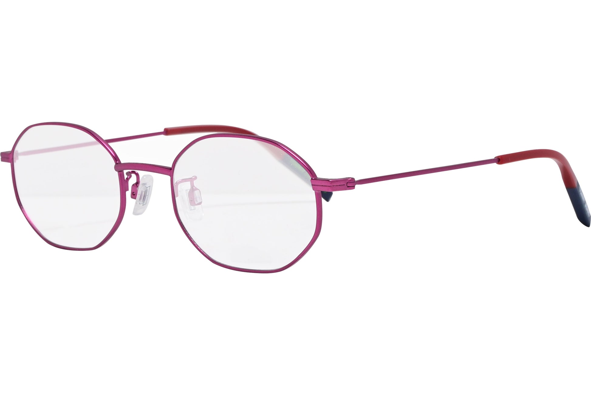 tommy hilfiger hexagonal pink eyeglasses frame viewed from a 45-degree angle.