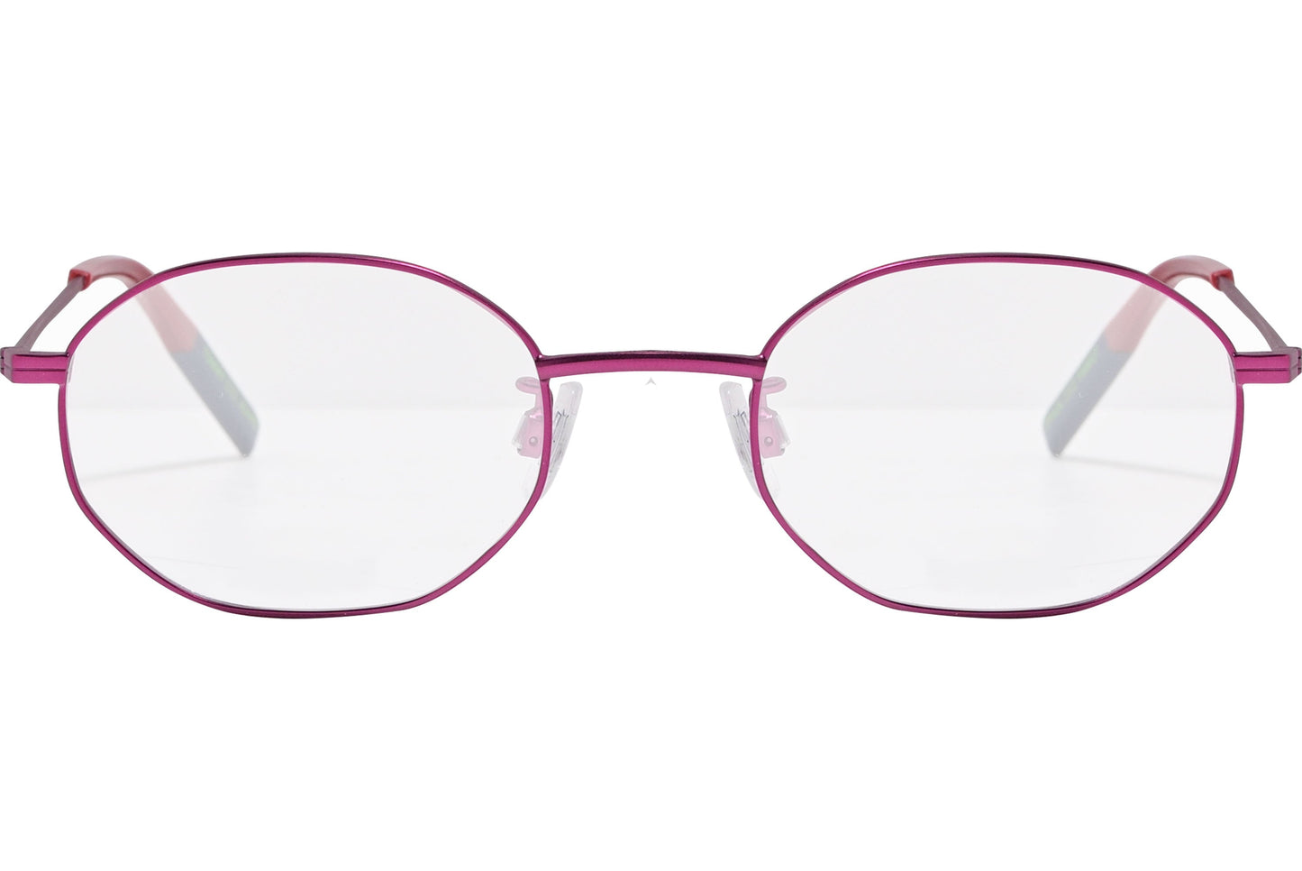 tommy hilfiger hexagonal pink eyeglasses frame viewed from front angle.