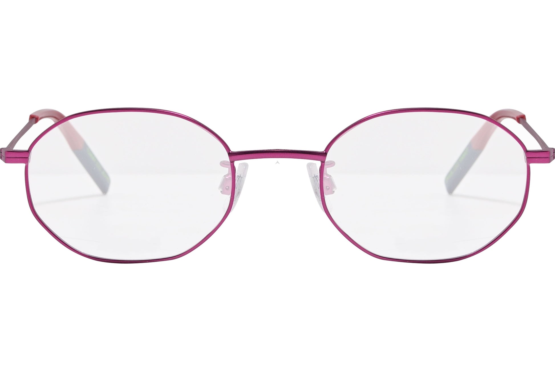 tommy hilfiger hexagonal pink eyeglasses frame viewed from front angle.