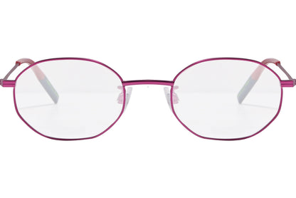 tommy hilfiger hexagonal pink eyeglasses frame viewed from front angle.