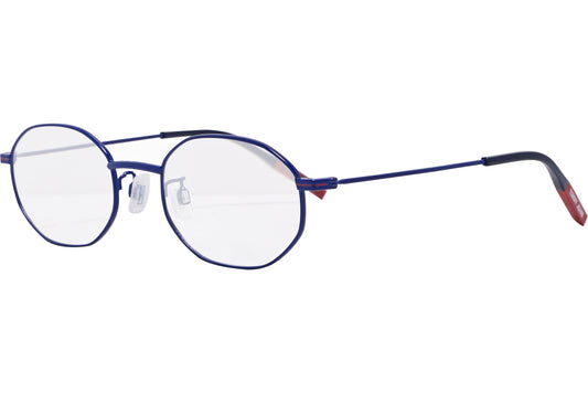 tommy hilfiger hexagonal blue eyeglasses frame viewed from a 45-degree angle.