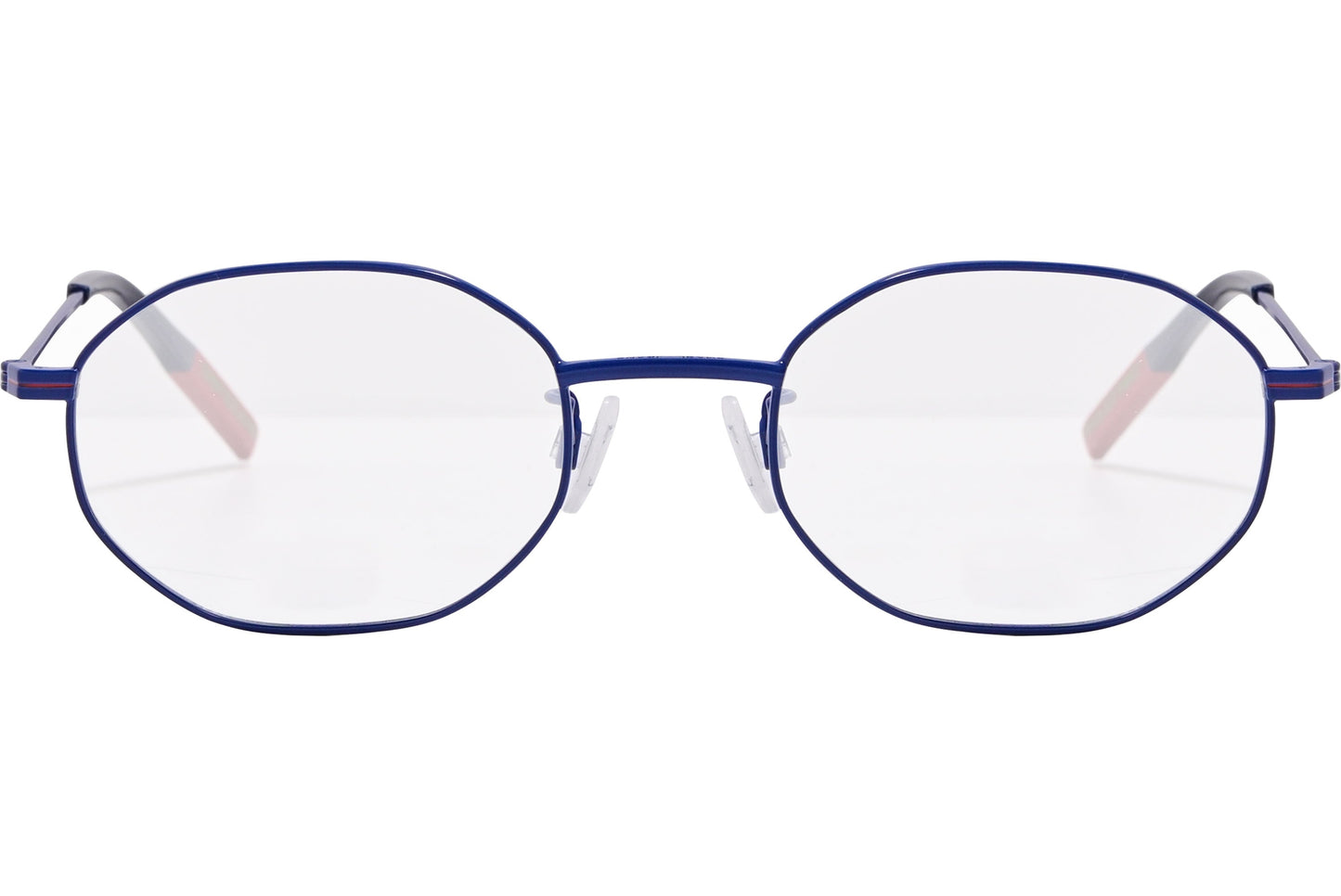 tommy hilfiger hexagonal blue eyeglasses frame viewed from front angle.