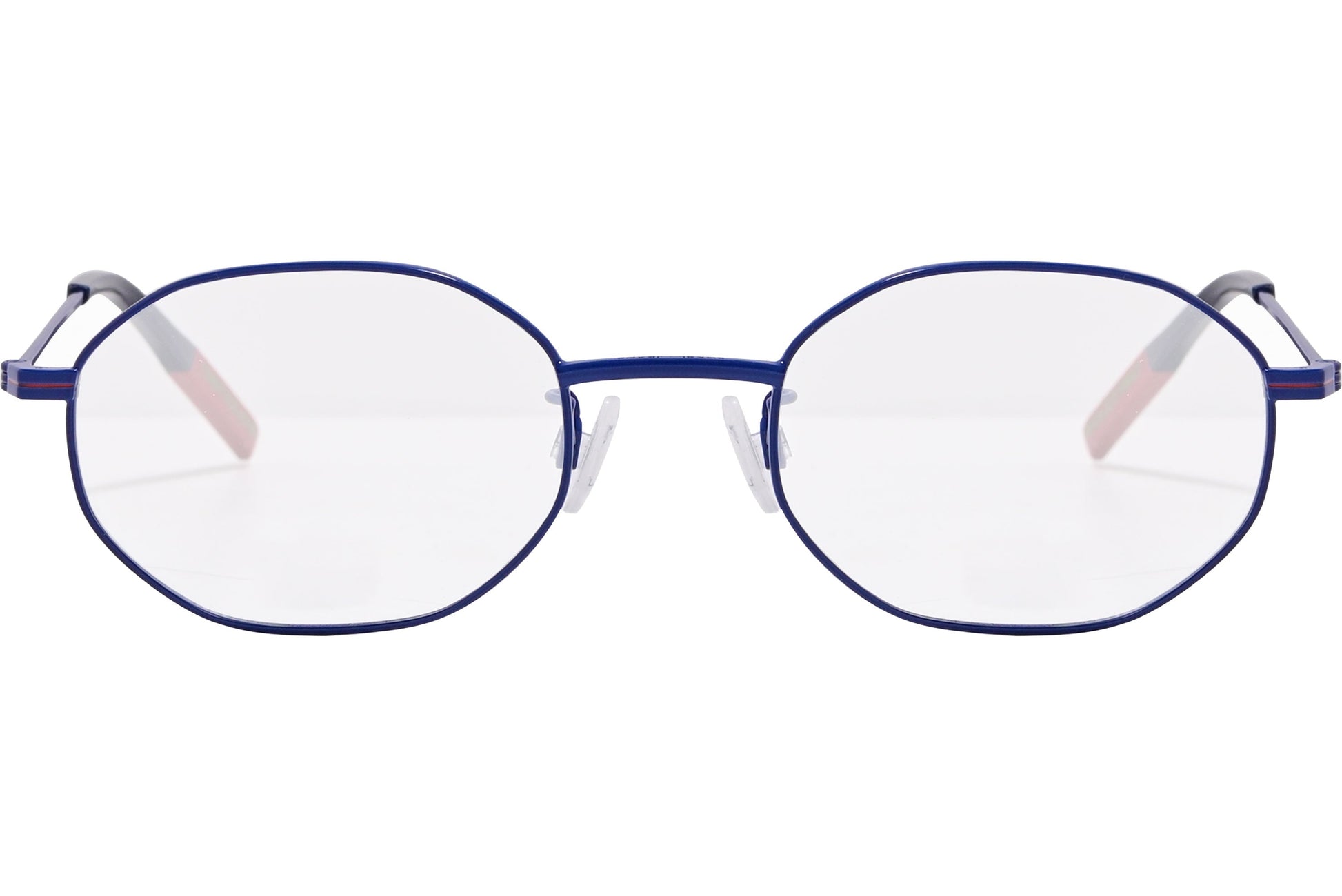 tommy hilfiger hexagonal blue eyeglasses frame viewed from front angle.