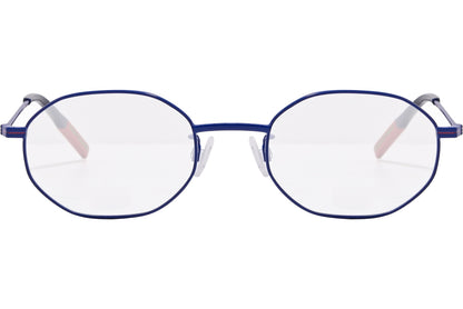 tommy hilfiger hexagonal blue eyeglasses frame viewed from front angle.