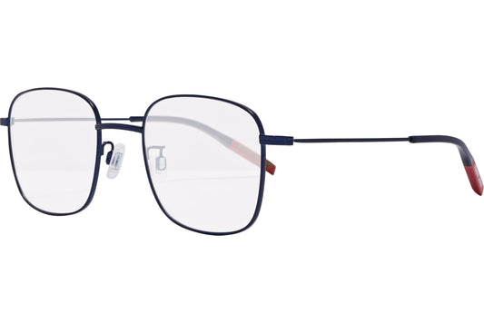 tommy hilfiger square blue eyeglasses frame viewed from a 45-degree angle.