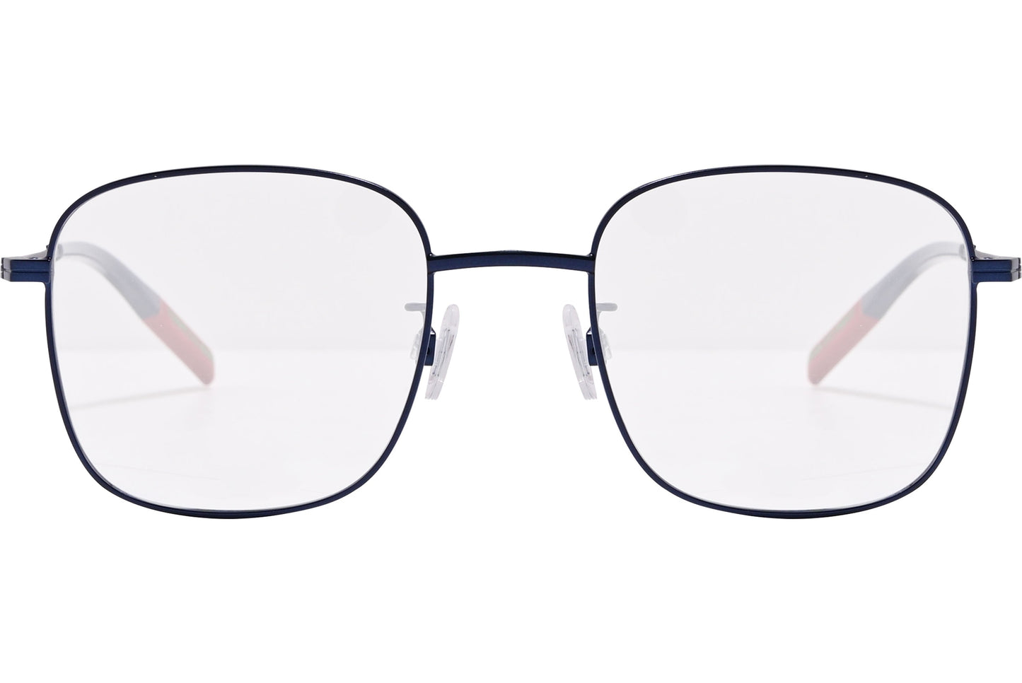 tommy hilfiger square blue eyeglasses frame viewed from front angle.