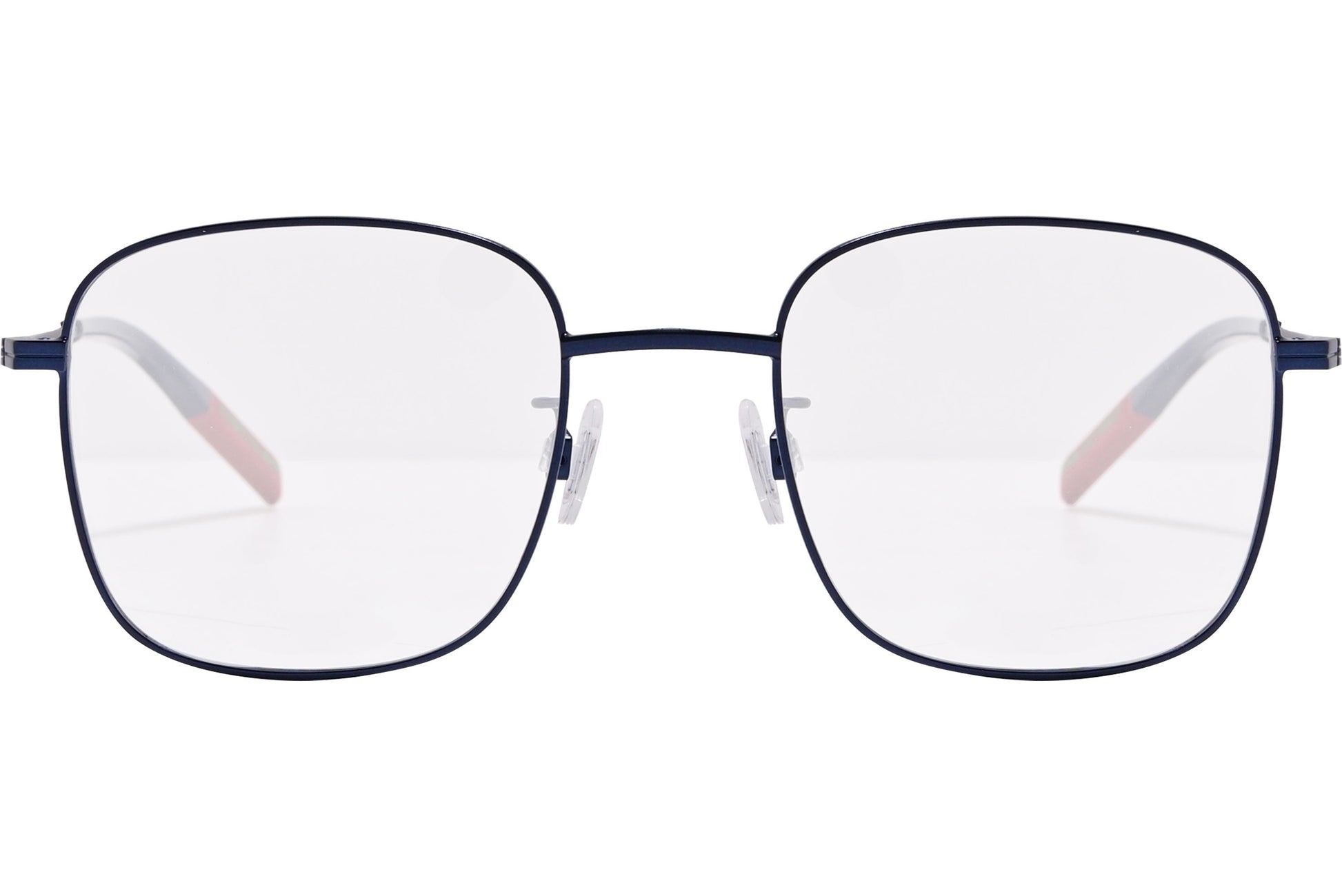 tommy hilfiger square blue eyeglasses frame viewed from front angle.