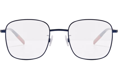 tommy hilfiger square blue eyeglasses frame viewed from front angle.