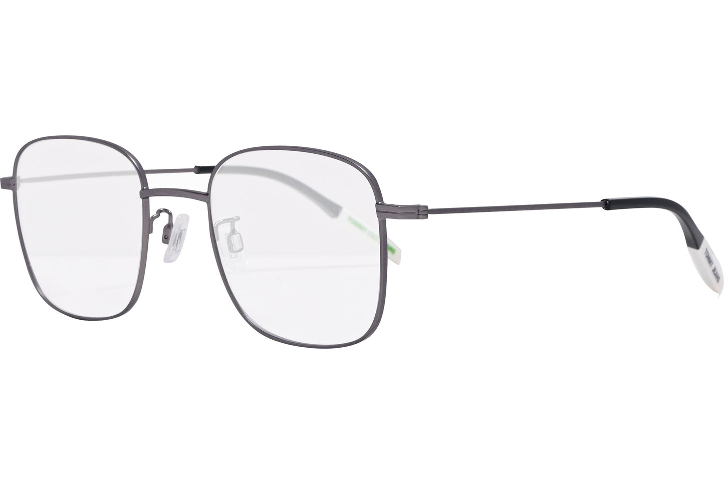 tommy hilfiger square gray eyeglasses frame viewed from a 45-degree angle.