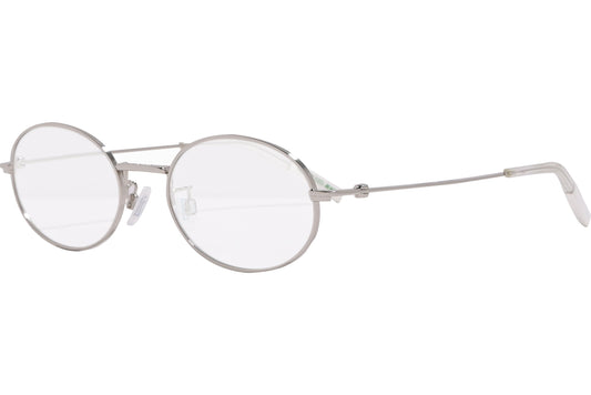 tommy hilfiger oval silver eyeglasses frame viewed from a 45-degree angle.