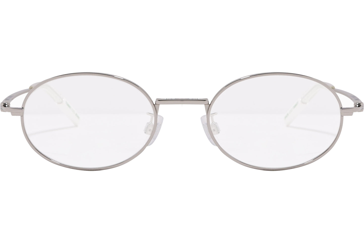 tommy hilfiger oval silver eyeglasses frame viewed from front angle.