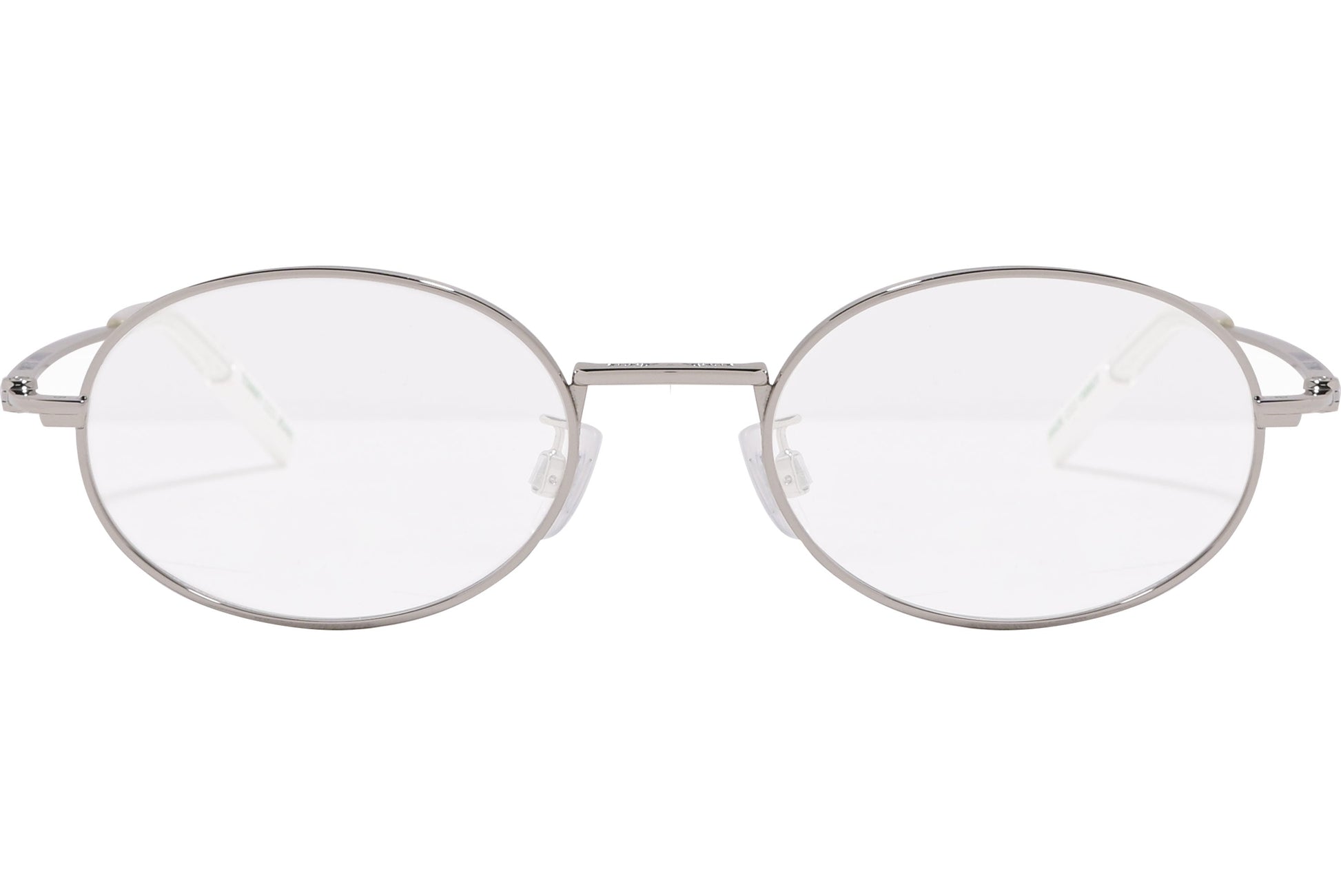 tommy hilfiger oval silver eyeglasses frame viewed from front angle.