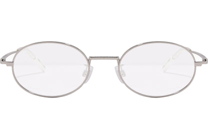 tommy hilfiger oval silver eyeglasses frame viewed from front angle.