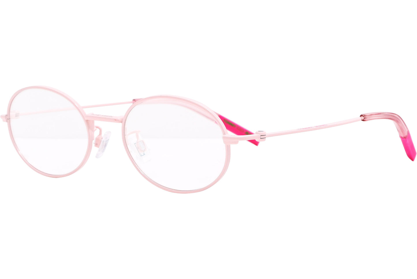 tommy hilfiger oval pink eyeglasses frame viewed from a 45-degree angle.