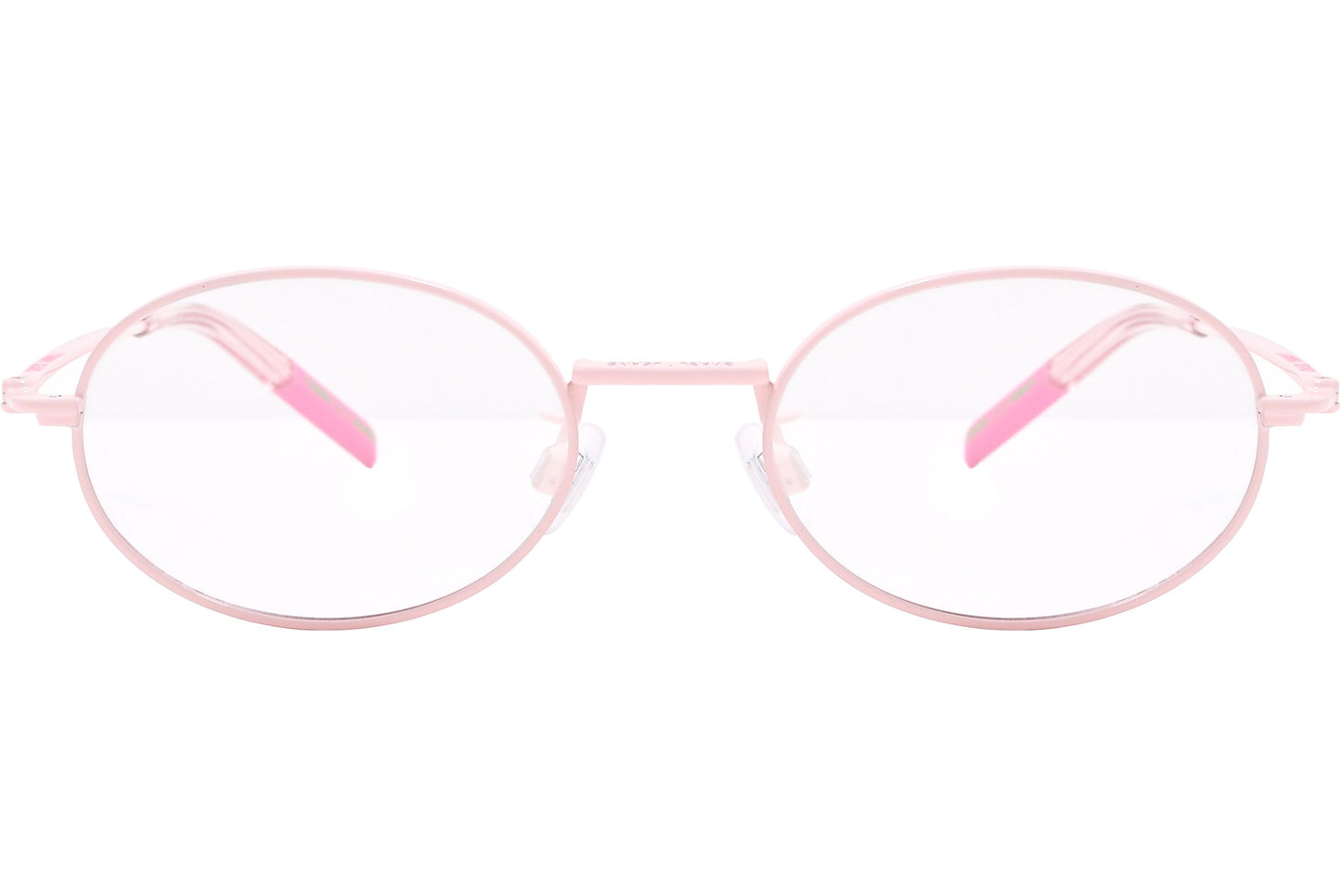 tommy hilfiger oval pink eyeglasses frame viewed from front angle.