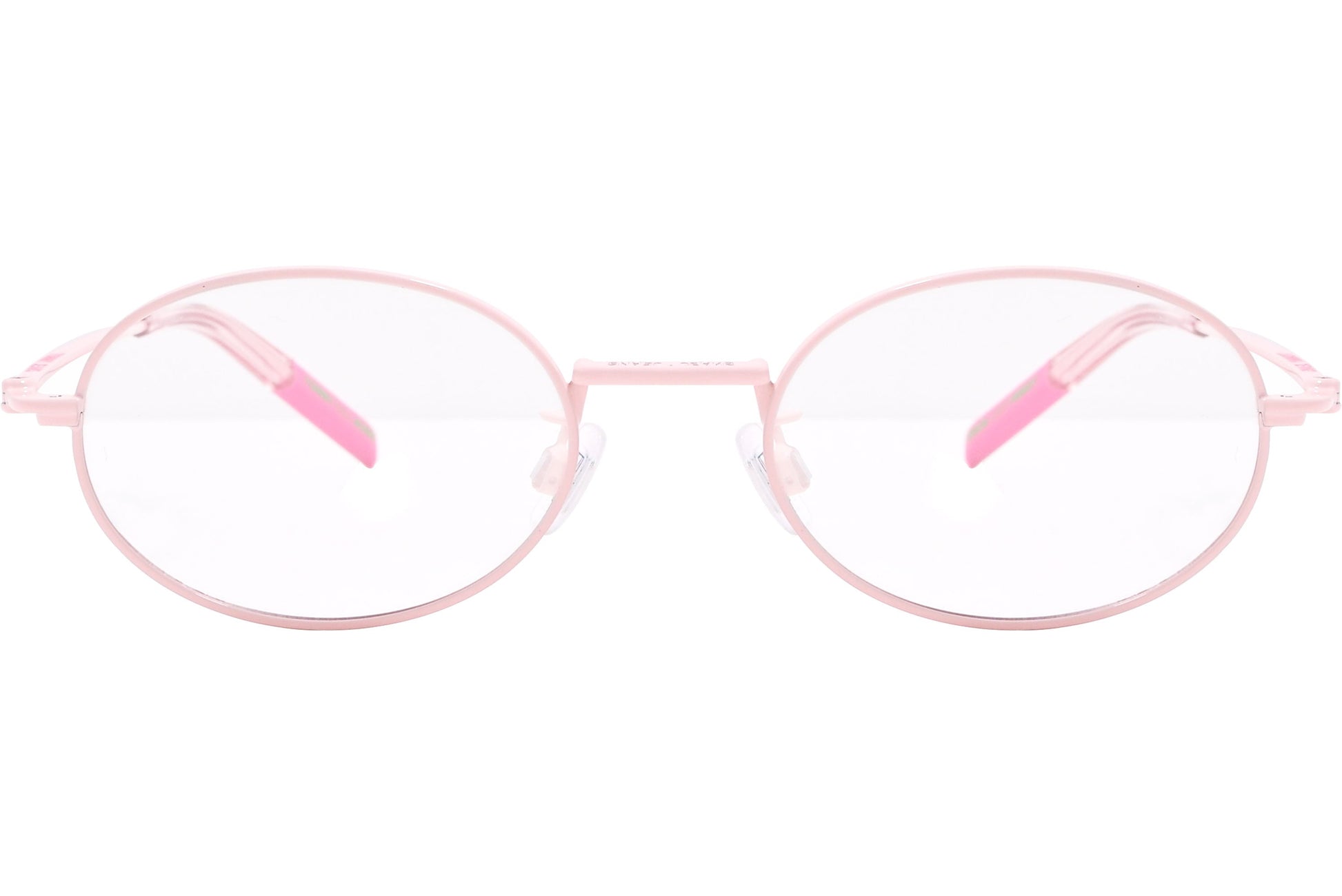 tommy hilfiger oval pink eyeglasses frame viewed from front angle.