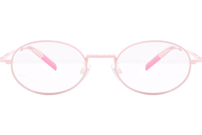 tommy hilfiger oval pink eyeglasses frame viewed from front angle.