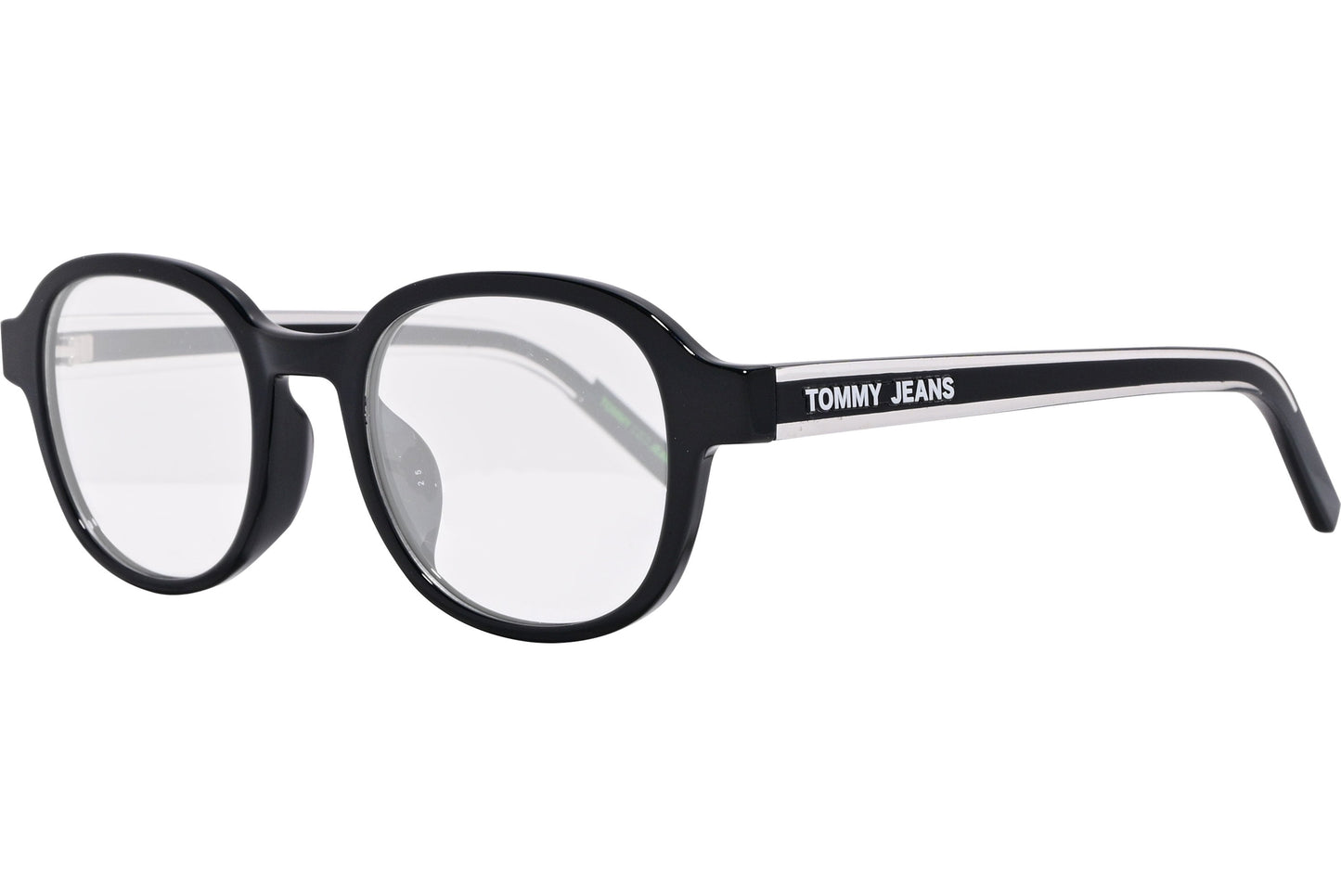 tommy hilfiger square black eyeglasses frame viewed from a 45-degree angle.