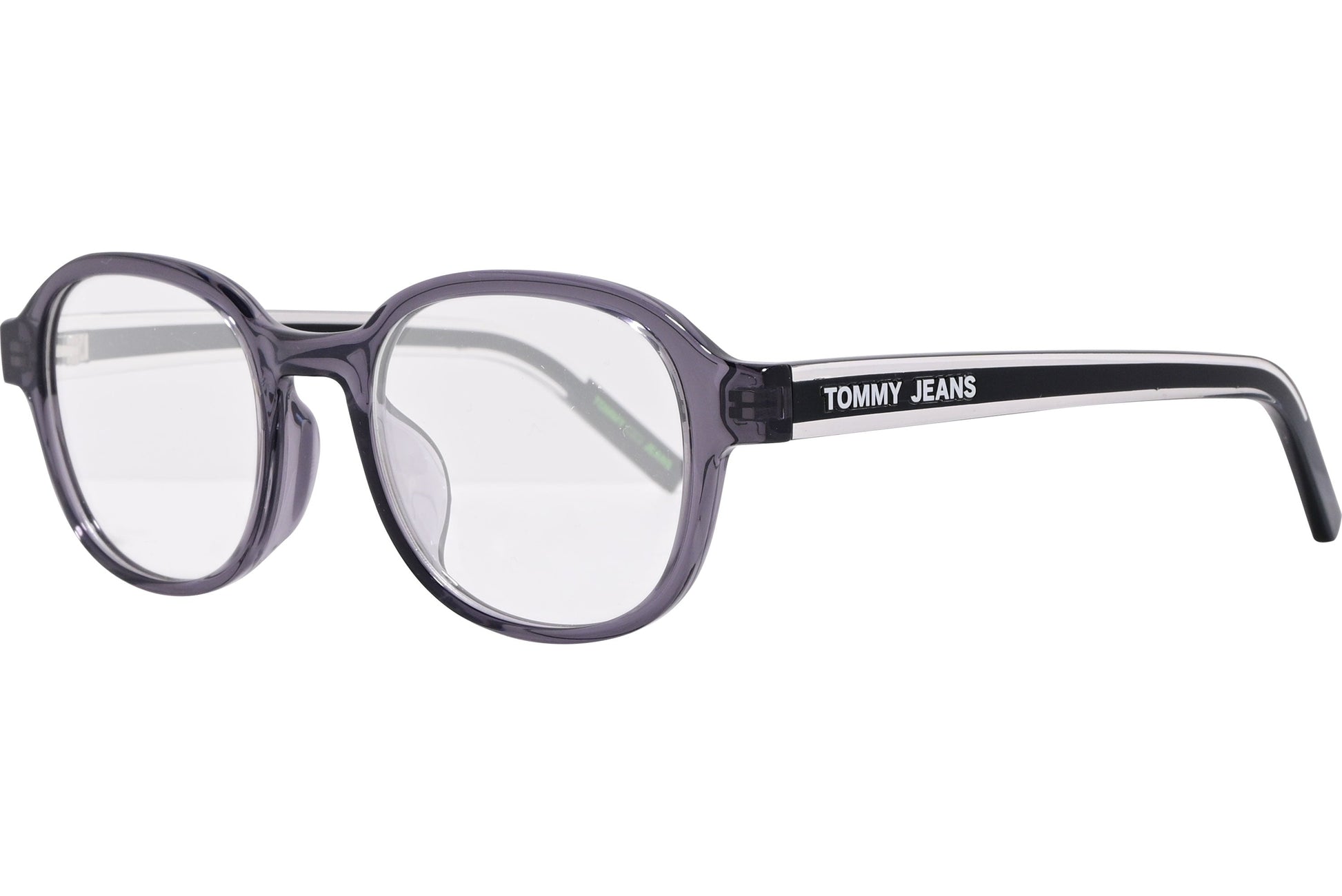 tommy hilfiger square gray eyeglasses frame viewed from a 45-degree angle.