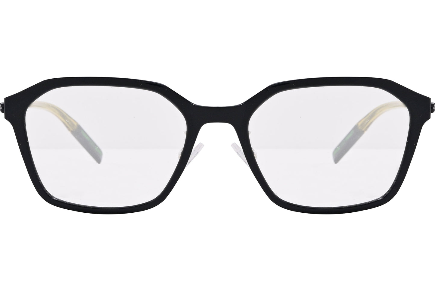 tommy hilfiger hexagonal black eyeglasses frame viewed from front angle.