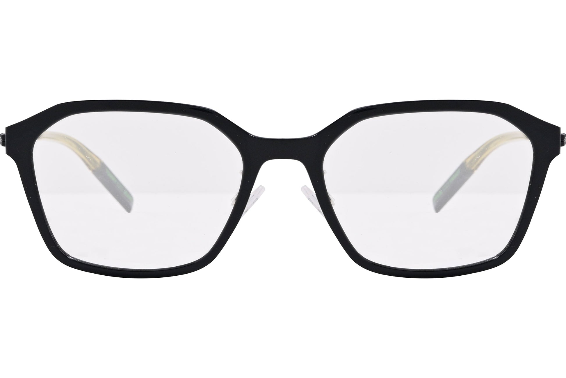 tommy hilfiger hexagonal black eyeglasses frame viewed from front angle.