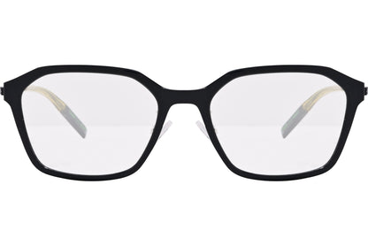 tommy hilfiger hexagonal black eyeglasses frame viewed from front angle.