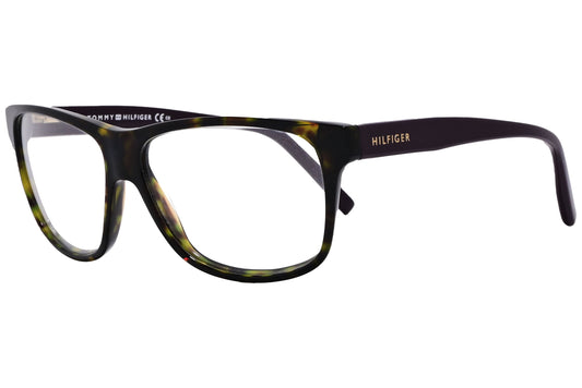 tommy hilfiger wayfarer yellow tortoise eyeglasses frame viewed from a 45-degree angle.