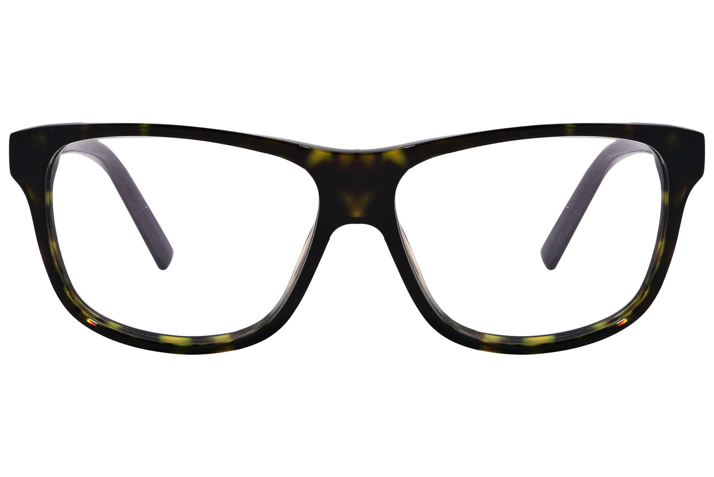 tommy hilfiger wayfarer yellow tortoise eyeglasses frame viewed from front angle.