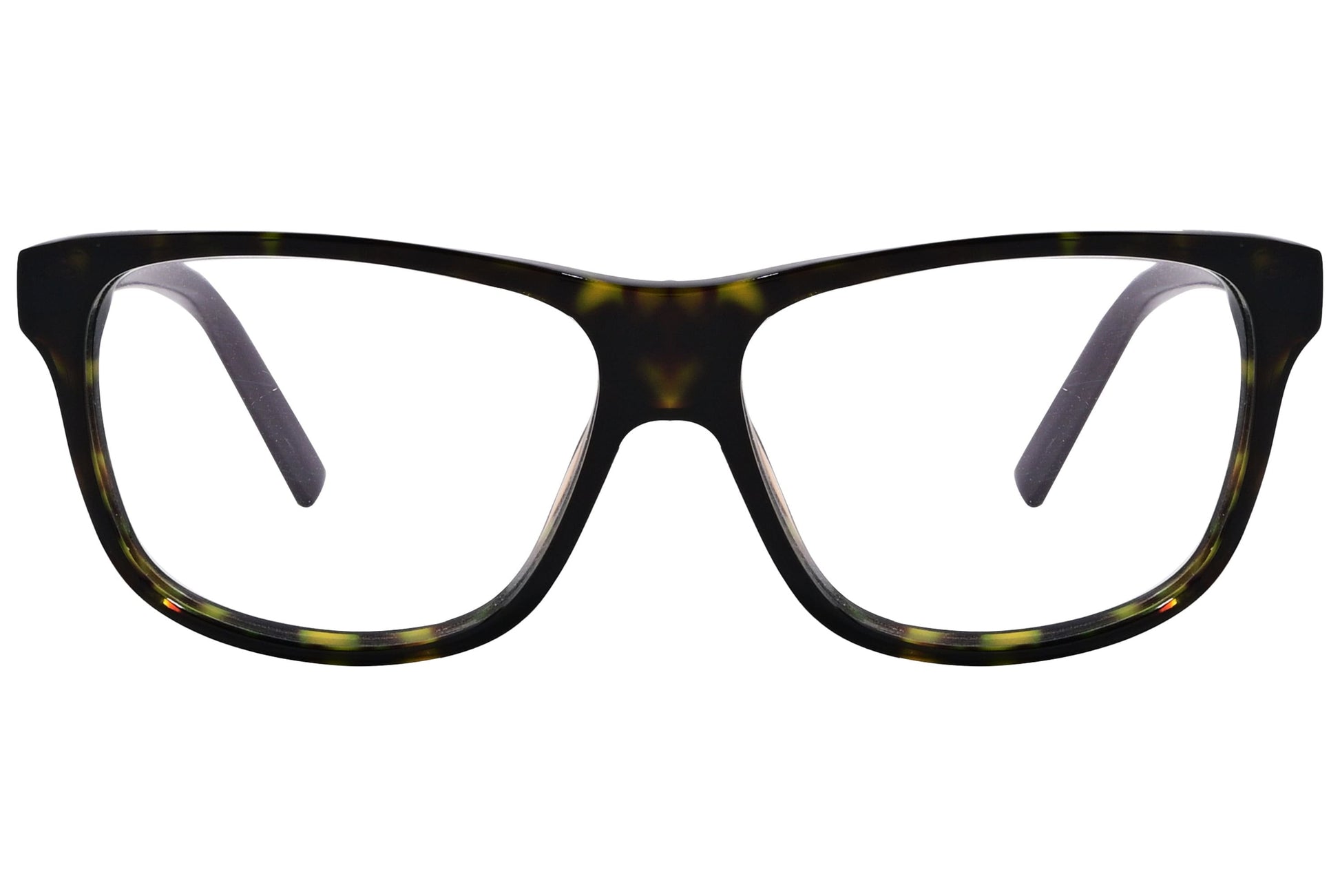 tommy hilfiger wayfarer yellow tortoise eyeglasses frame viewed from front angle.