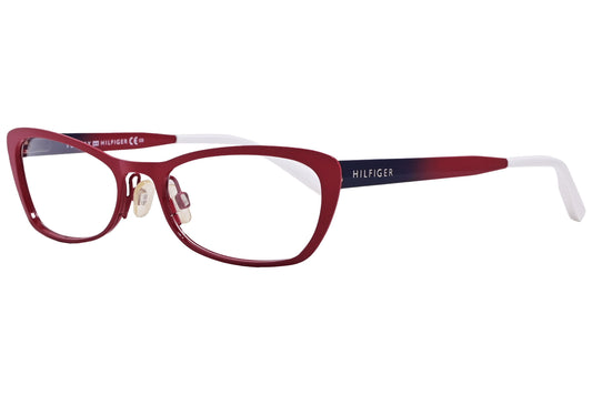 tommy hilfiger cat-eye red eyeglasses frame viewed from a 45-degree angle.