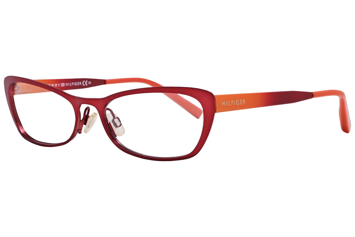 tommy hilfiger cat-eye red with orange eyeglasses frame viewed from a 45-degree angle.