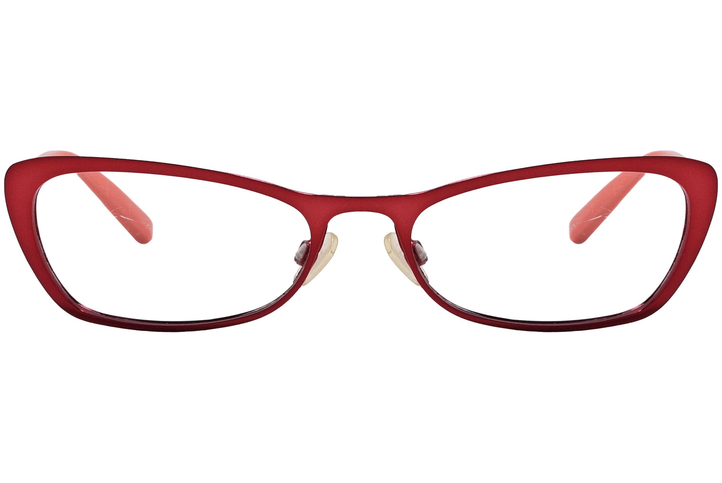 tommy hilfiger cat-eye red with orange eyeglasses frame viewed from front angle.