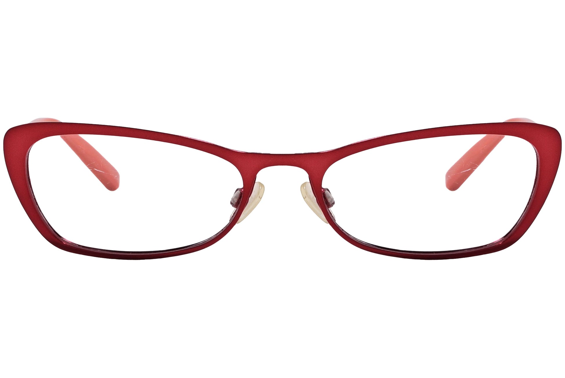 tommy hilfiger cat-eye red with orange eyeglasses frame viewed from front angle.