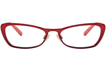 tommy hilfiger cat-eye red with orange eyeglasses frame viewed from front angle.