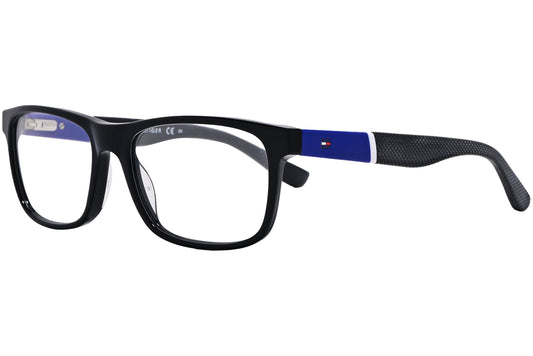 tommy hilfiger wayfarer black with blue eyeglasses frame viewed from a 45-degree angle.