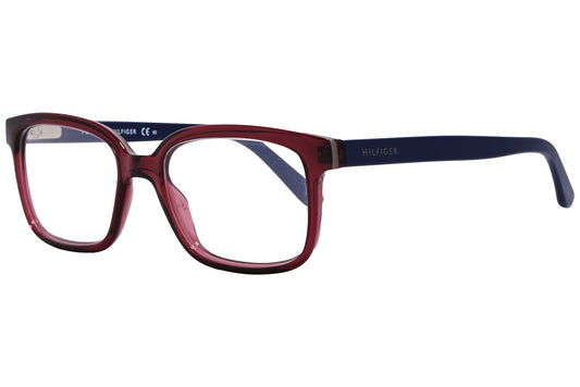 tommy hilfiger rectangle red with blue eyeglasses frame viewed from a 45-degree angle.