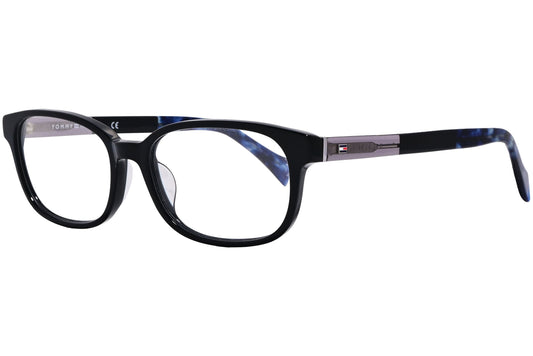 tommy hilfiger rectangle black with blue tortoise eyeglasses frame viewed from a 45-degree angle.