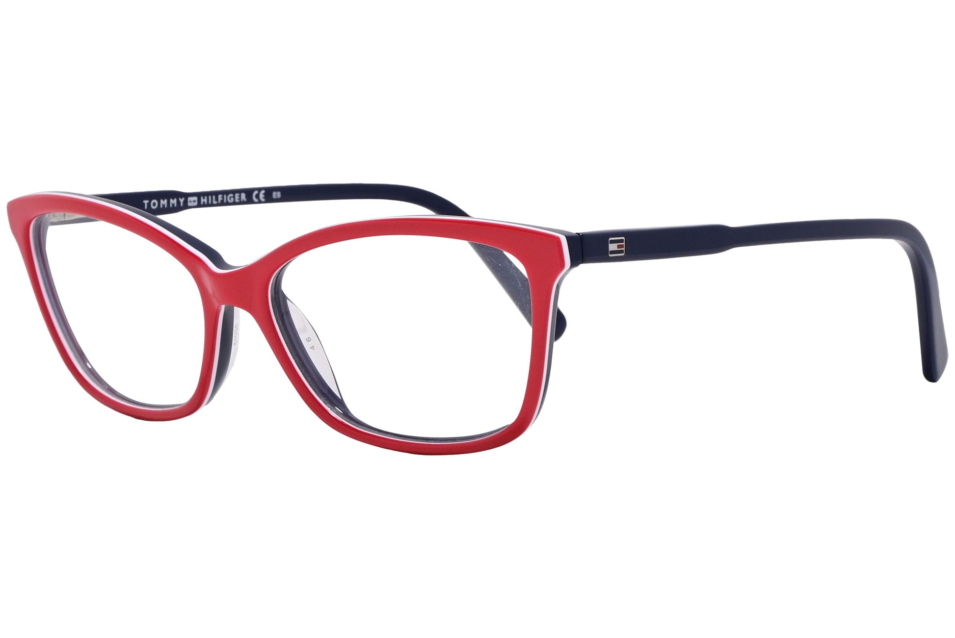 tommy hilfiger rectangle red with blue eyeglasses frame viewed from a 45-degree angle.