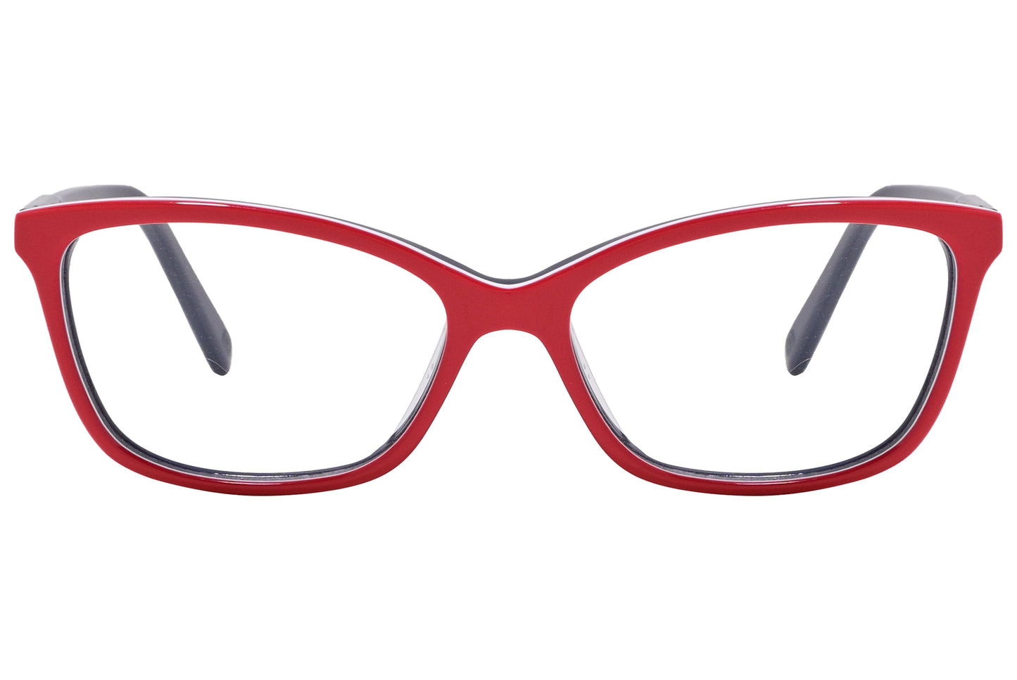 tommy hilfiger rectangle red with blue eyeglasses frame viewed from front angle.