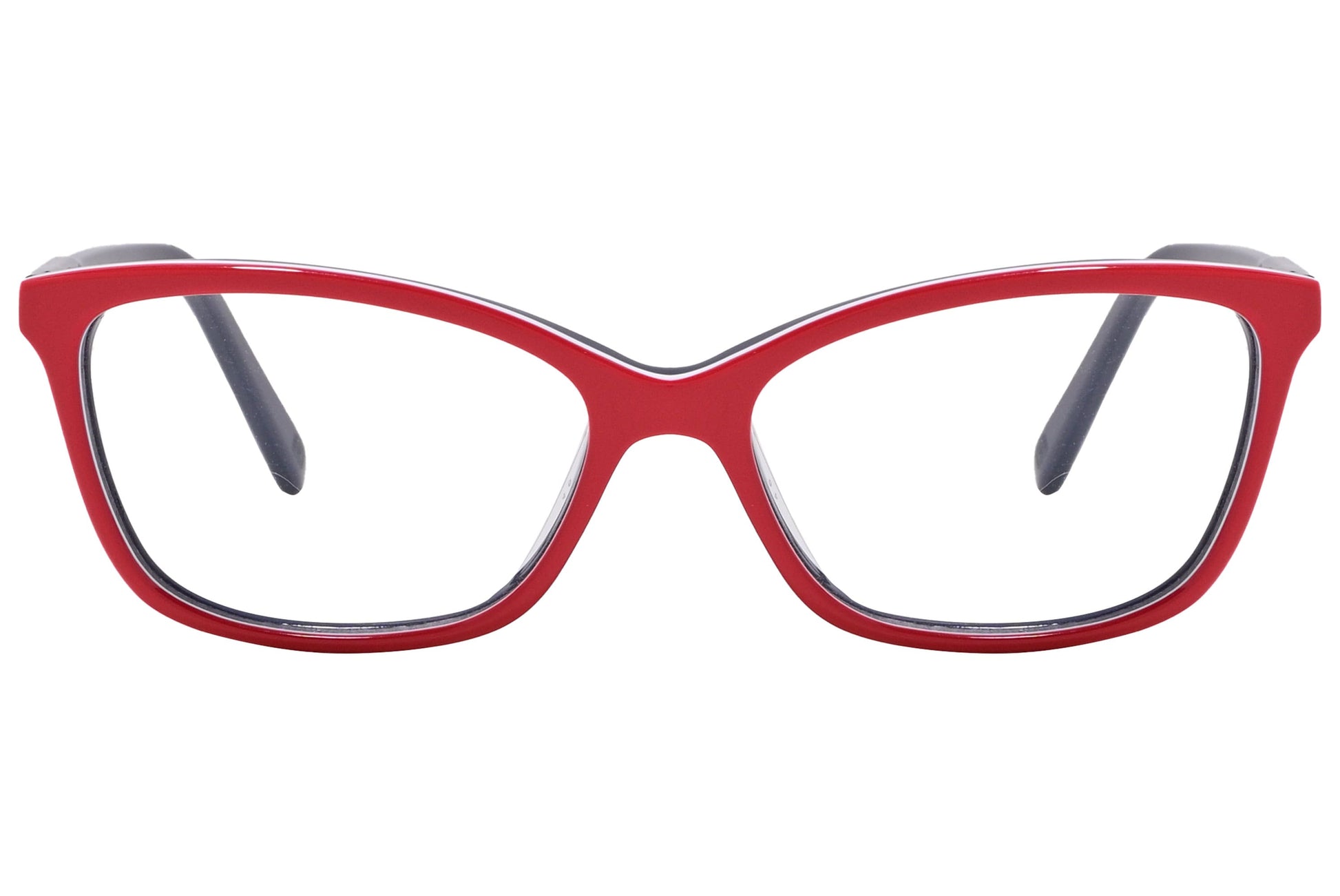 tommy hilfiger rectangle red with blue eyeglasses frame viewed from front angle.