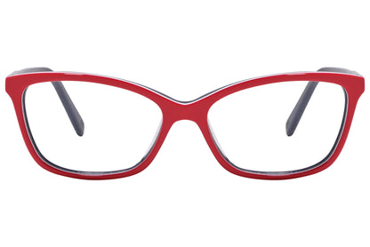 tommy hilfiger rectangle red with blue eyeglasses frame viewed from front angle.